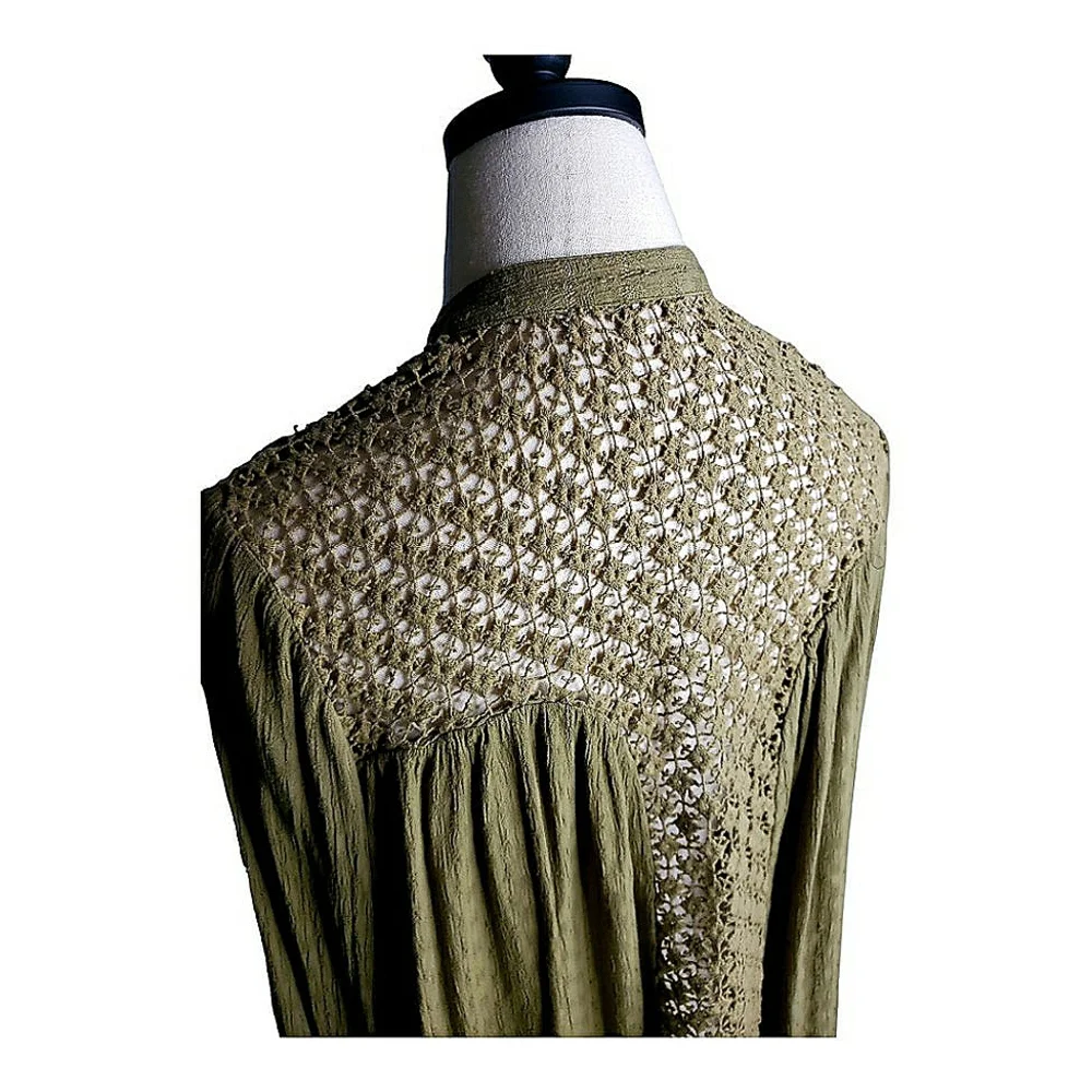 Free People The Best Buttondown Crochet Back Romantic Neutral Rayon Boho Lace ML - Picture 10 of 11